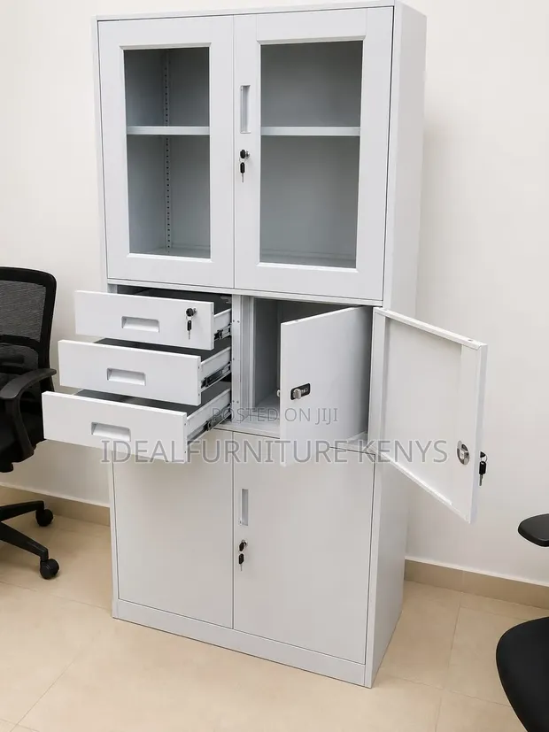 3-in-1 Metallic Office Cabinet with Glass Top Drawers - Grey - 1