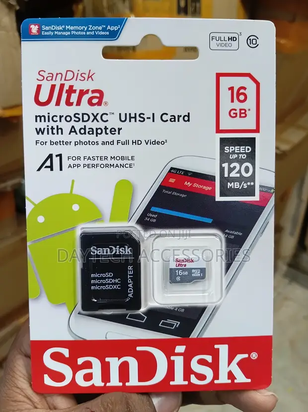 SanDisk 16GB Ultra UHS-I microSDHC Memory Card with Adapter - 1