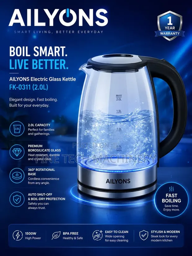 Ailyons FK-0311 Kettle ya Kioo ya Kiotomatiki - 1