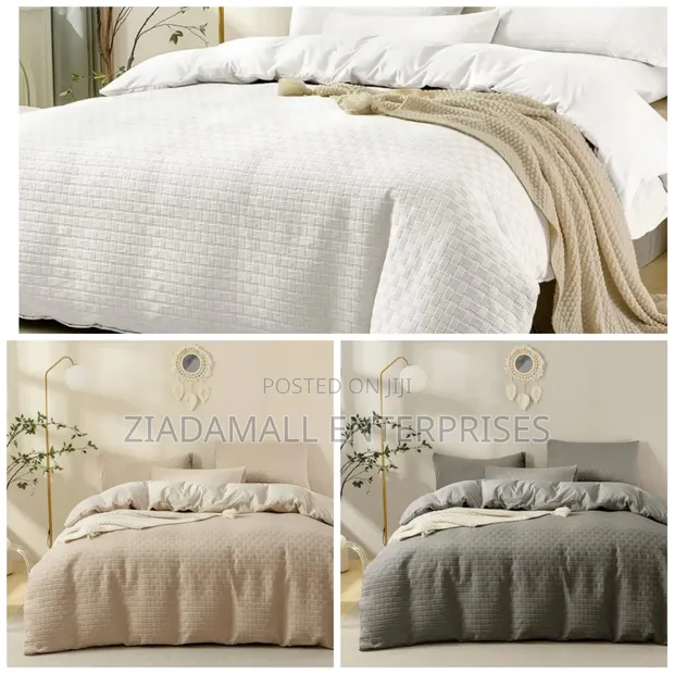 Waffle Weave Poplin Cotton Duvet Cover Set - White, Beige, Grey - 1