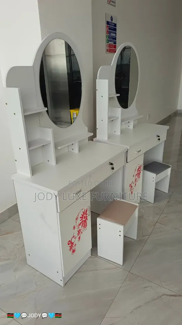 Dressing Table with Mirror, Drawer, Shelves, and Seat - 1