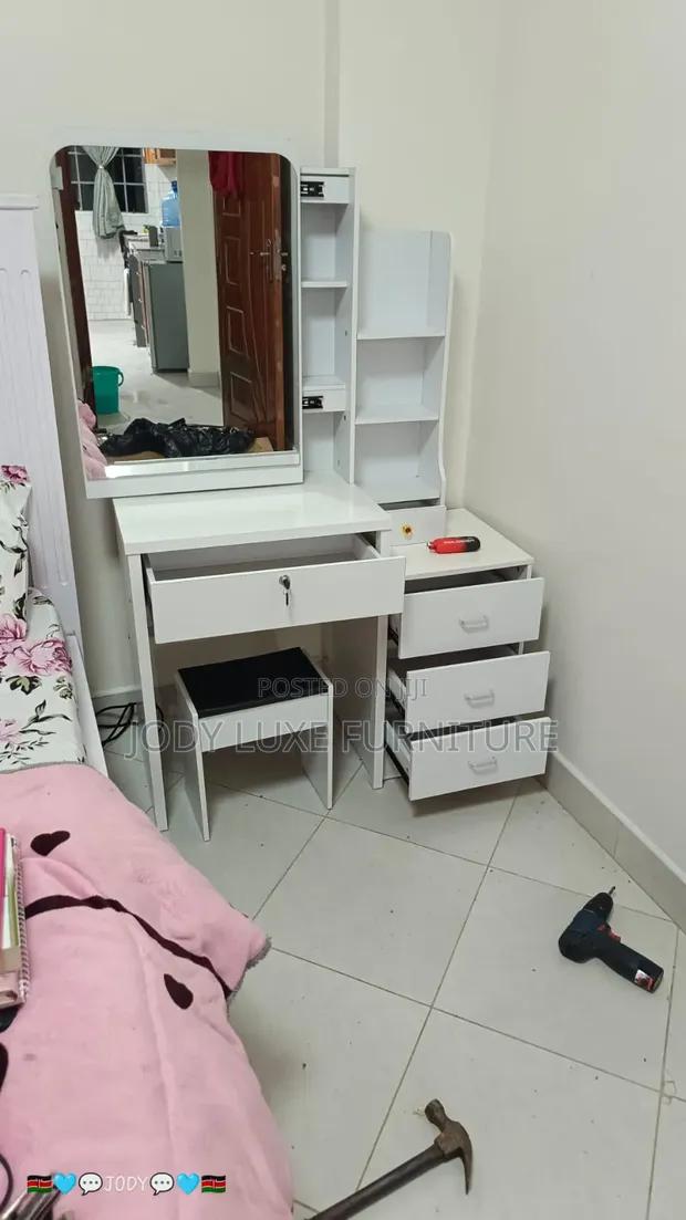 Dressing Table with Mirror, Drawer, Shelves & Seat - 1