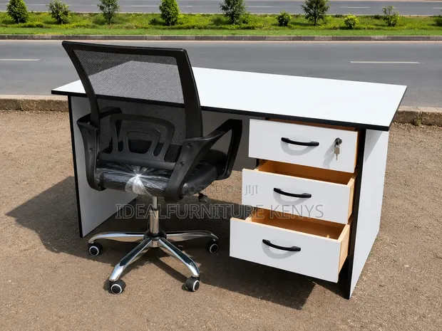 White Executive Office Desk with Mesh Chair - 1