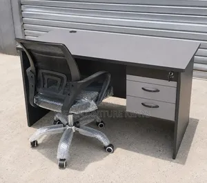 Grey Office Desk with 3-Drawer Lock and Mesh Chair