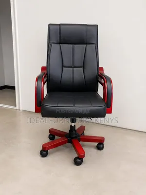 Executive Swivel Office Chair - Black Leather & Mahogany