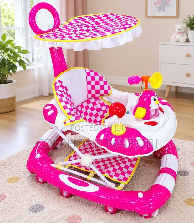Pink & White Musical Baby Walker with Activity Tray & Canopy - 1