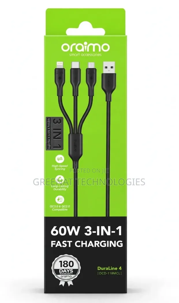 Oraimo DuraLine 60W 3-in-1 Cable ya Kuchaji Haraka (Type-C, Lightning, Micro USB) - 1