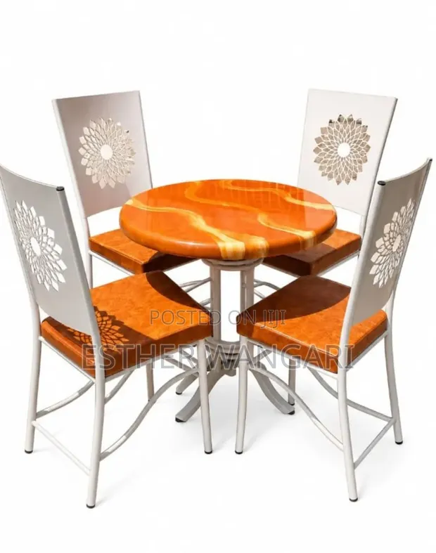 Set of 4 Brown Chairs and 1 White Table - 1