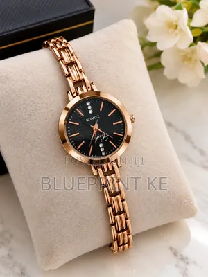 Elegant Rose Gold Quartz Watch with Black Crystal Dial