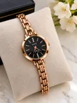 Elegant Rose Gold Quartz Watch with Black Crystal Dial - 1