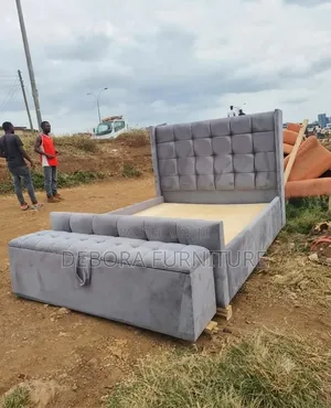 Modern Grey Velvet Tufted Bed with Storage Ottoman (Super King)