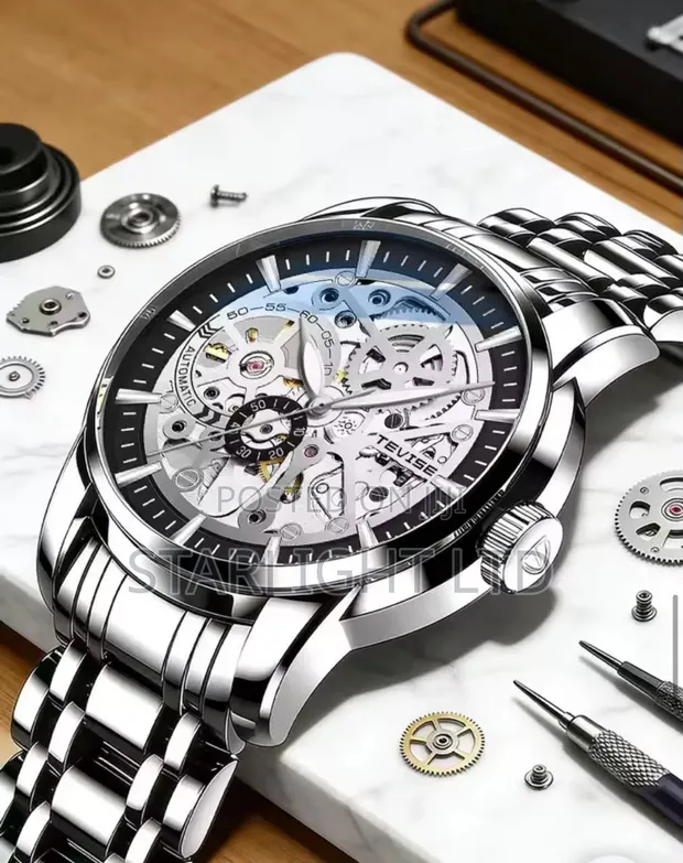 TEVISE Luxury Mechanical Watch - All-Black Steel Band, Gold Dial - 1