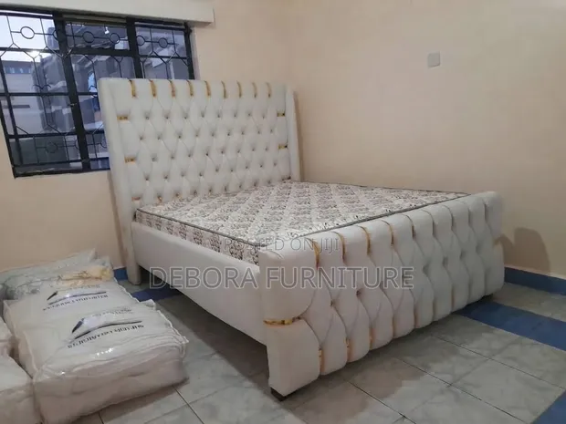 Brand New Luxury White Velvet Chesterfield Bed Frame with Gold Accents - 1