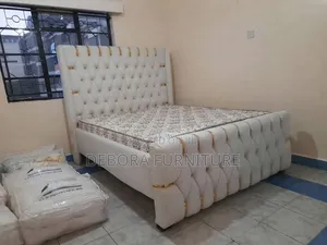 Brand New Luxury White Velvet Chesterfield Bed Frame with Gold Accents