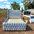 Brand New Luxury White Velvet Chesterfield Bed Frame with Gold Accents - 2