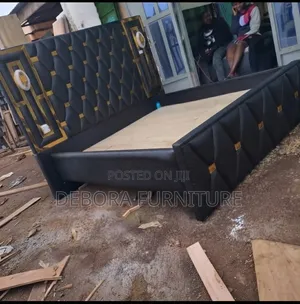Brand New 5x6 Black Gold Leather Bed with Built-in Lamps