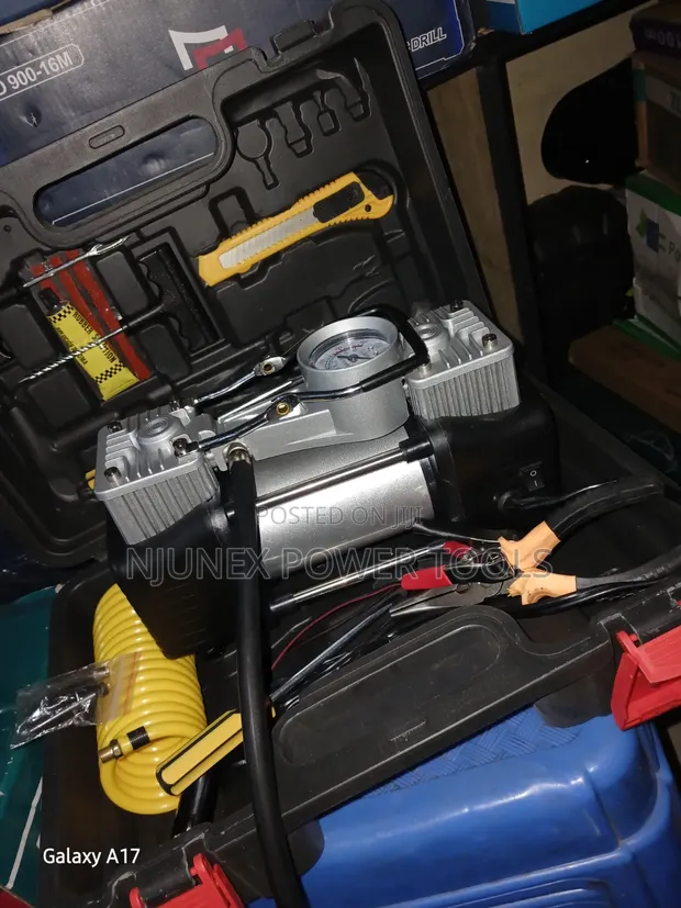 12V Double-Cylinder Car Air Compressor & Tire Repair Kit - 1