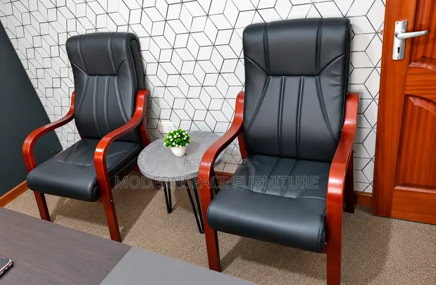 Executive Leather Visitor Chairs with Wooden Arms - Set of 2 - 1