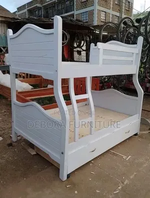 Custom White Wooden Bunk Bed with Trundle Drawer