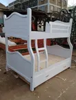Custom White Wooden Bunk Bed with Trundle Drawer - 1