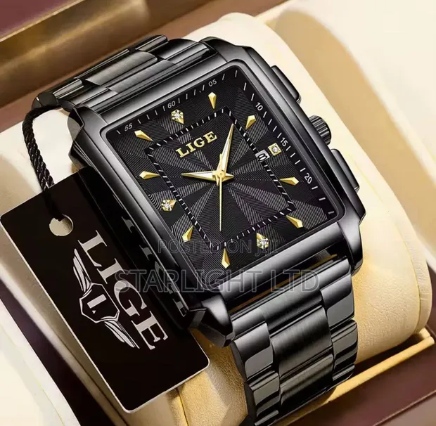 LIGE Watch ya Kiume Mraba Quartz - Nyeusi ya Kifahari - 1