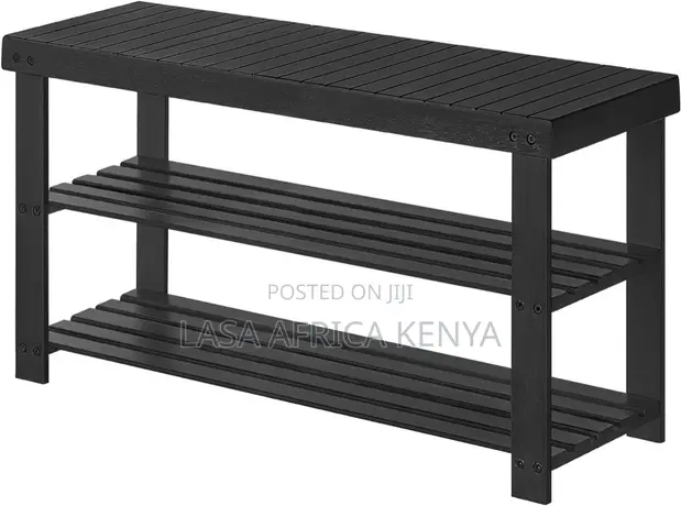 LASA 3-Tier Bamboo Shoe Bench, Black, 90cm - 1