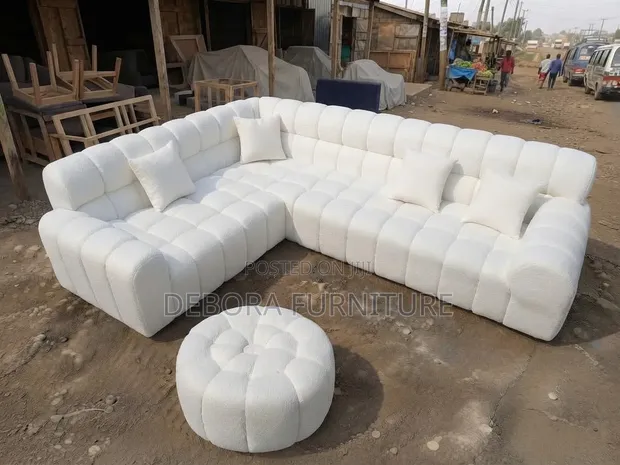 Modern White Boucle Sectional Sofa with Ottoman - 1