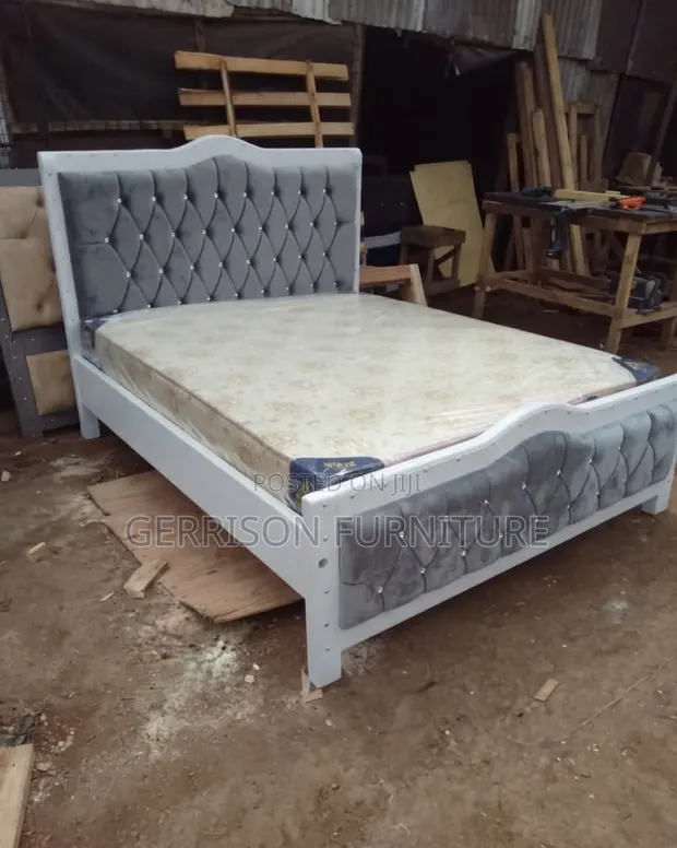 Modern 5x6 White & Grey Velvet Tufted Bed Frame - 1