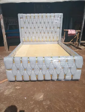 Luxury 5x6 Grey Velvet Bed Frame with Gold Strips