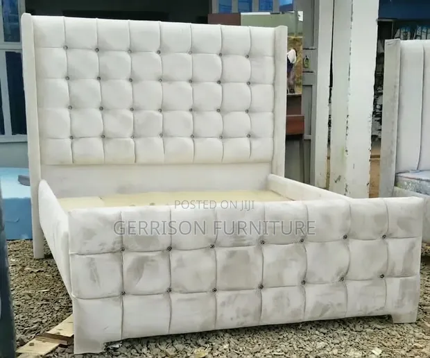 Premium 5x6 Cream Velvet Winged Chester Bed Frame - 1