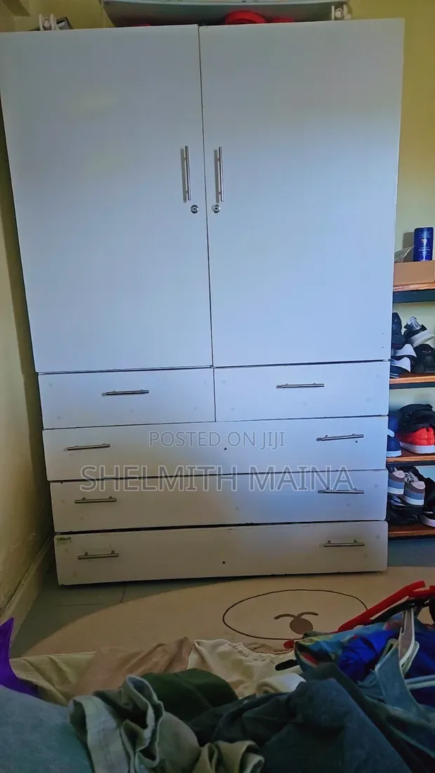 White Wardrobe with Drawers and Hanging Rail - 1