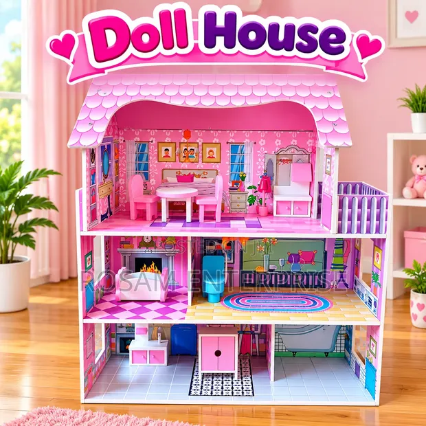 Large Wooden Doll House - 3 Floors, 5 Rooms with Furniture - 1