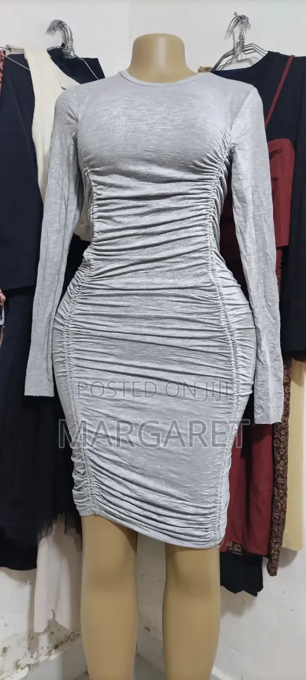 Grey Long Sleeve Ruched Bodycon Dress - 1