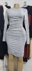 Grey Long Sleeve Ruched Bodycon Dress - 1