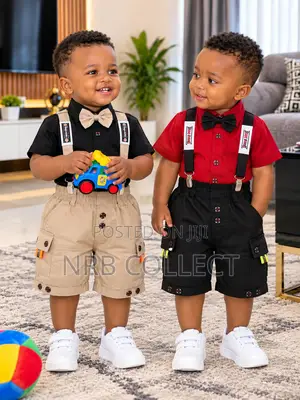 Set ya Vipande 4 vya Wavulana: Shati ya Pamba, Shorti ya Khaki, Suspender & Bowtie