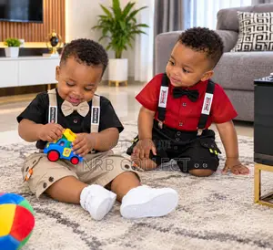 Set ya Vipande 4 vya Wavulana: Shati ya Pamba, Shorti ya Khaki, Suspender & Bowtie