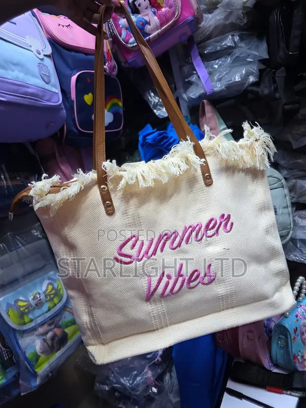 Frayed Edge Canvas Beach Bag with Cursive Slogan - 1