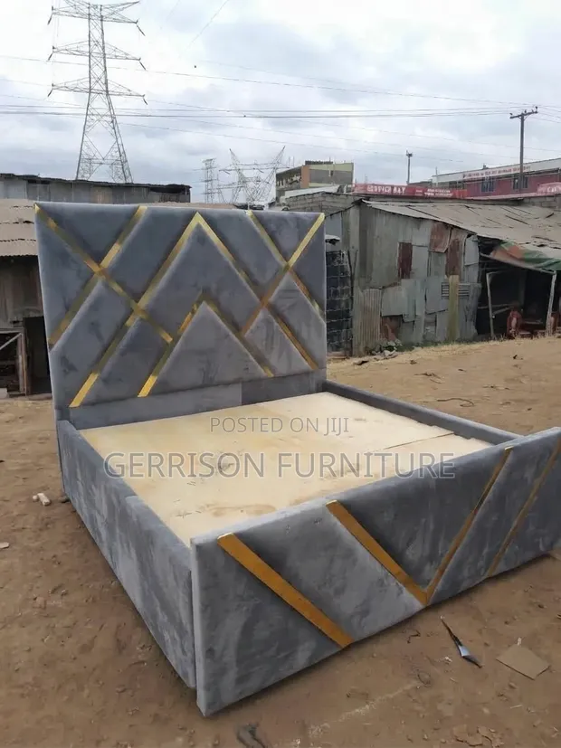 5x6 Premium Grey Gold Geometric Upholstered Bed Frame - 1