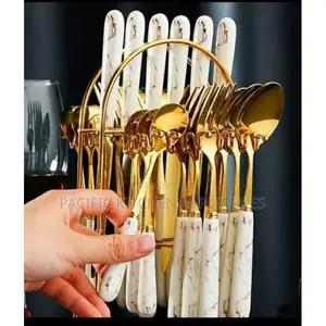 24Pcs Stainless Steel Marble White Gold Cutlery Set