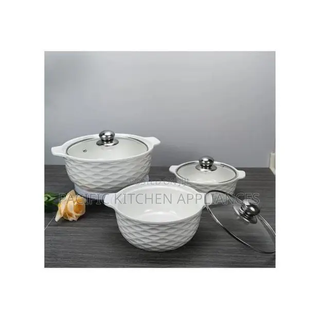 Set of 3 White Ceramic Soup Pots with Glass Lids - 1