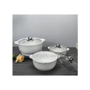 Set of 3 White Ceramic Soup Pots with Glass Lids