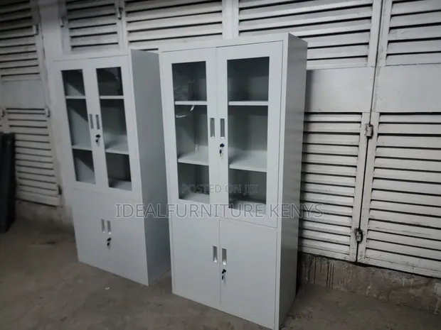 Grey Metal Cabinet with Shelves - Glass Top - 1