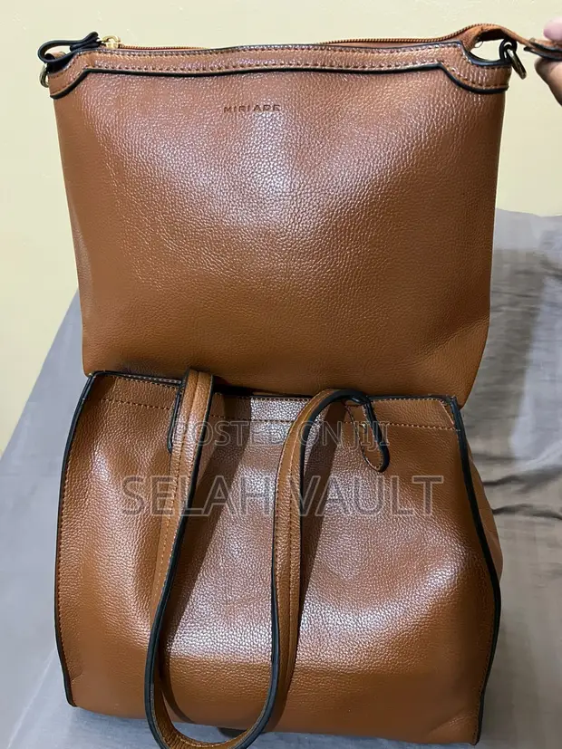 2-in-1 Brown Faux Leather Tote Handbag with Pouch - 1