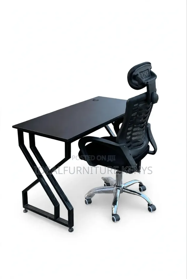 Black Z-Design Office Desk + Headrest Mesh Chair Set - 1