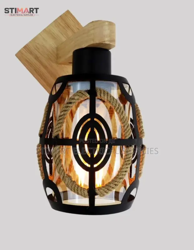 Rustic Black Metal Cage Wall Lamp yenye Rope Detail - 1
