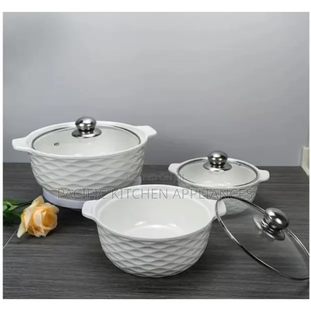 Set of 3 White Ceramic Soup Pots with Glass Lids - 1