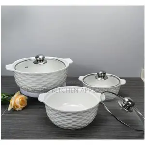 Set of 3 White Ceramic Soup Pots with Glass Lids