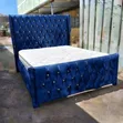 Kitanda Kipya cha Royal Blue Velvet Wingback na Godoro - 2