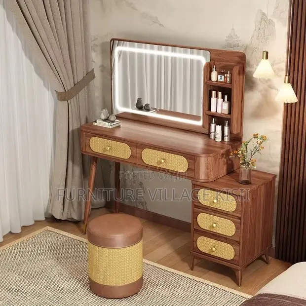 Modern Brown Dressing Table with LED Lights - 1