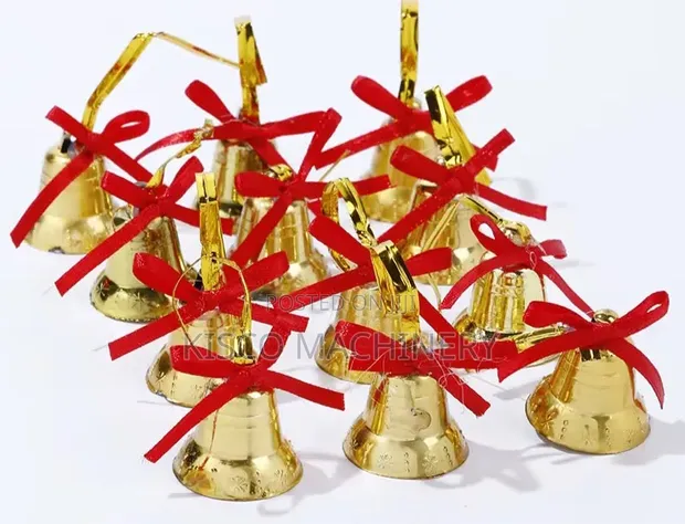 12pcs Shiny Gold Plastic Decorative Bells with Red Ribbon - 1